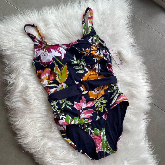 NWT Anne Cole Navy Blue Ring Belt Scoop Floral One Piece Swimsuit Large - Picture 4 of 9